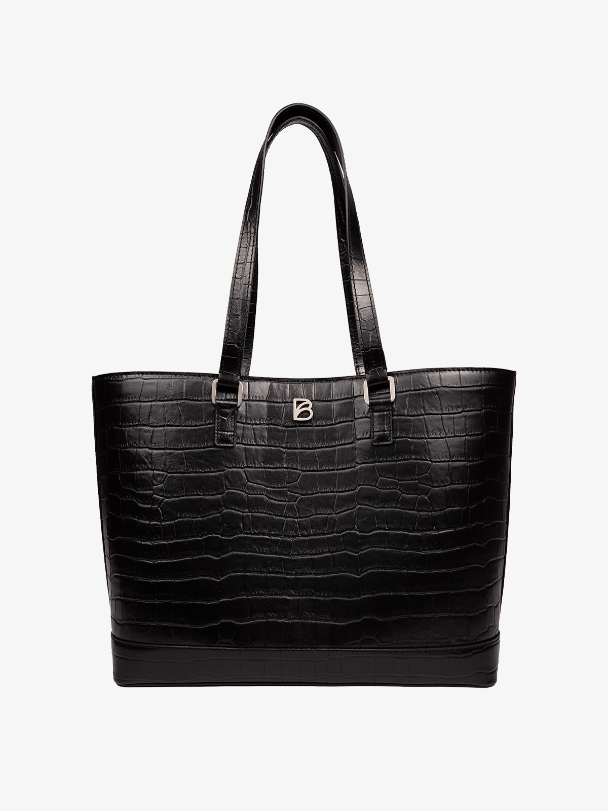 Bolso Bonatina de cuero croco negro de cuero artesanal, modelo Lucrecia, tamaño grande , vista de frente