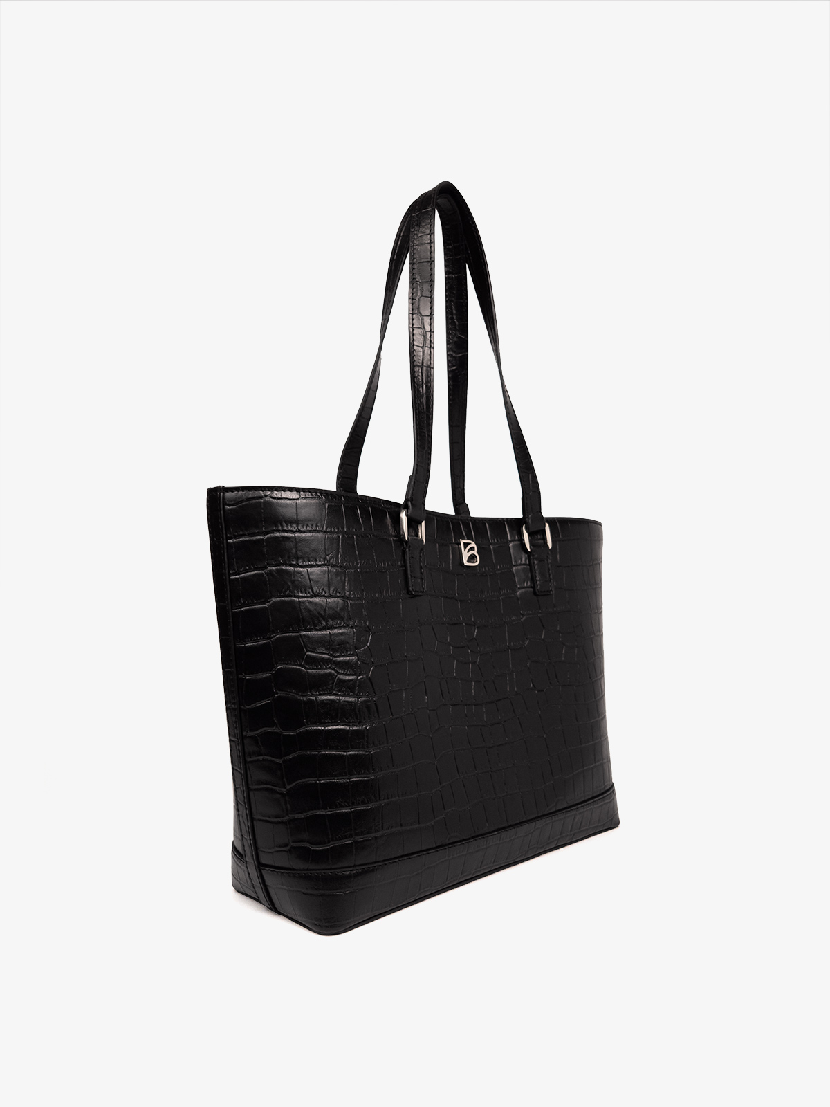 Bolso Bonatina de cuero croco negro de cuero artesanal, modelo Lucrecia, tamaño grande , vista oblicuo