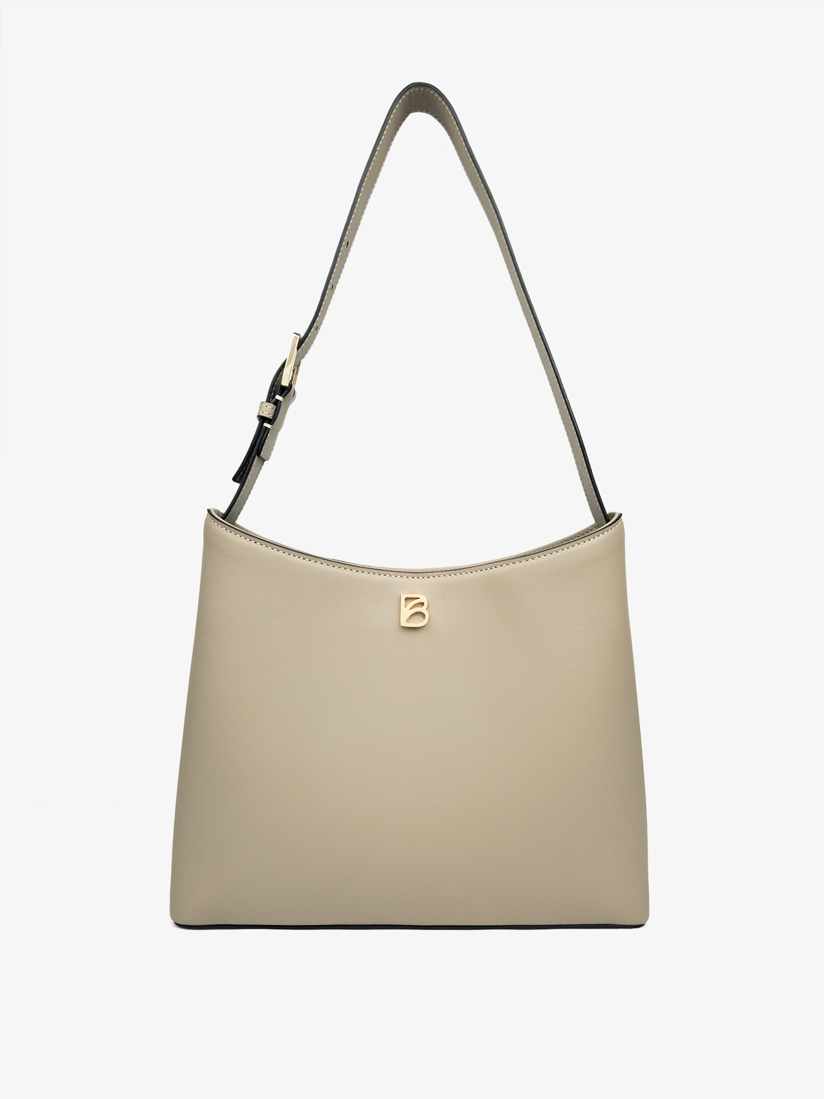 Cartera de cuero argentino Bonatina, modelo Clara, tamaño mediana alta, color visón, vista de frente