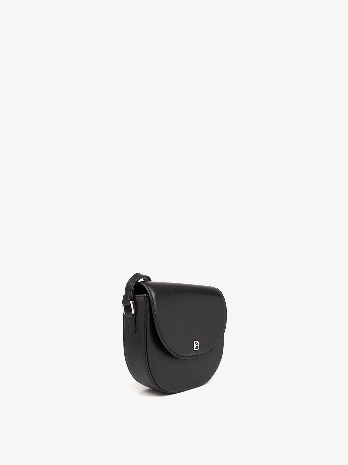 Cartera de cuero artesanal Bonatina, modelo Emma, tamaño mini, color negro, vista oblicuo