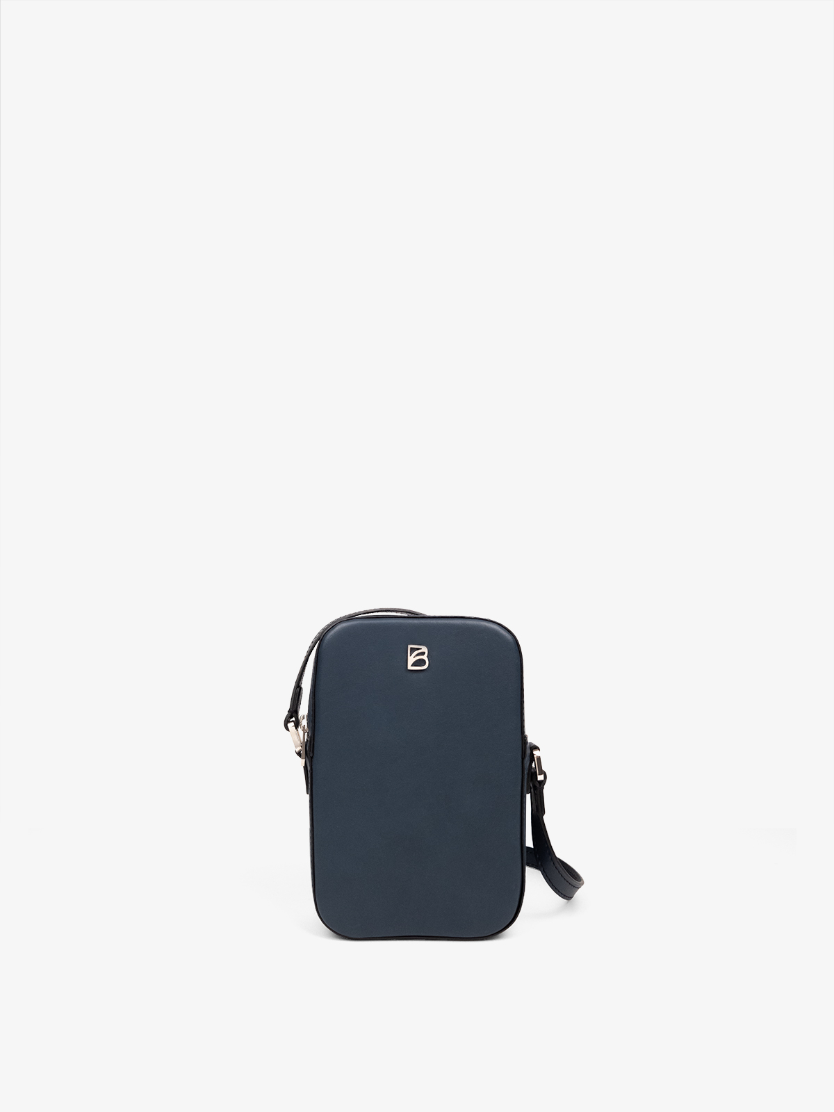 Cartera de cuero artesanal Bonatina, modelo Paula, tamaño mini, color azul, vista de frente