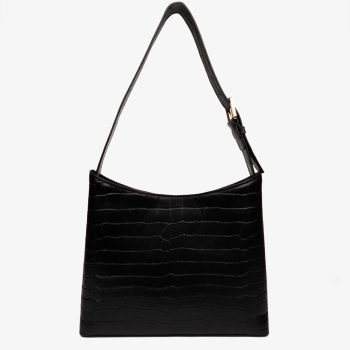 Cartera Bonatina de cuero croco negro de cuero artesanal, modelo Clara, tamaño mediana alta , vista de espalda