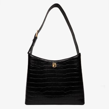 Cartera Bonatina de cuero croco negro de cuero artesanal, modelo Clara, tamaño mediana alta , vista de frente
