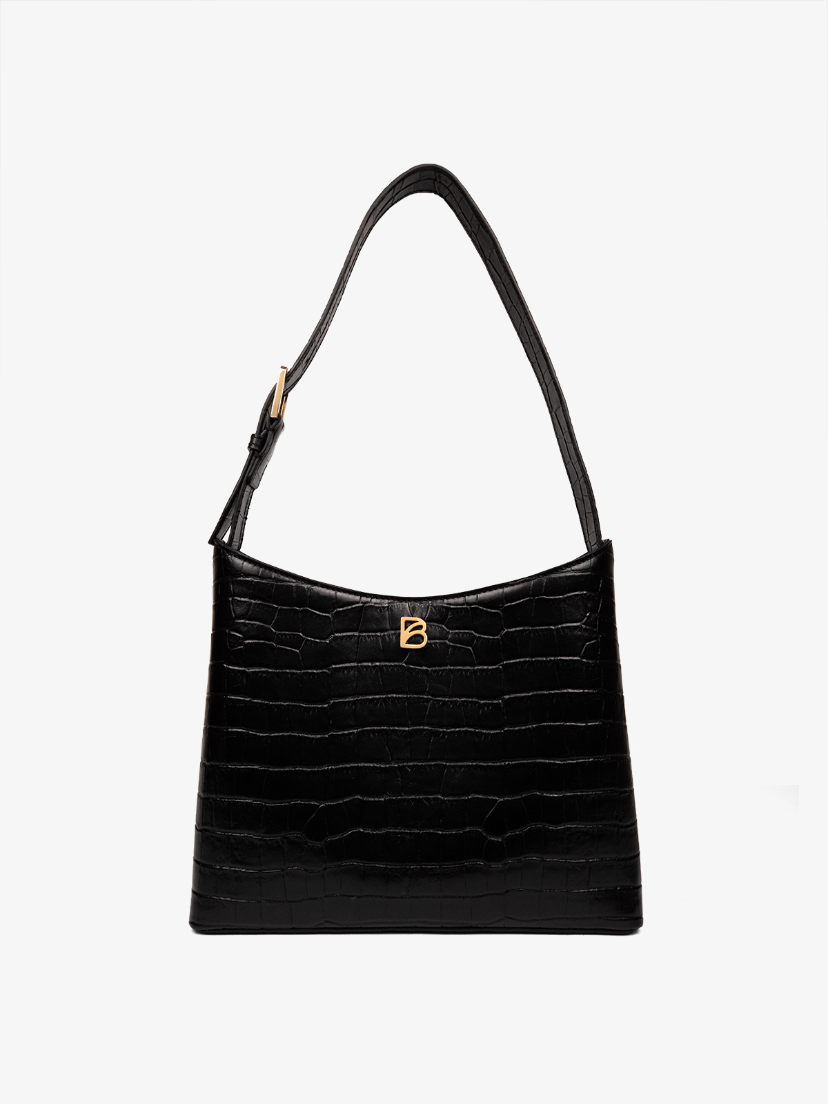 Cartera Bonatina de cuero croco negro de cuero artesanal, modelo Clara, tamaño mediana alta , vista de frente