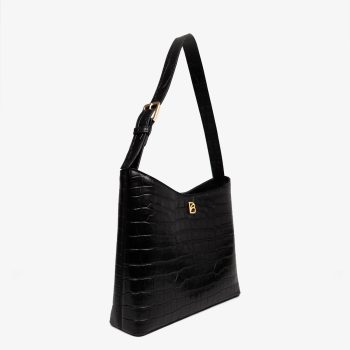 Cartera Bonatina de cuero croco negro de cuero artesanal, modelo Clara, tamaño mediana alta ,vista oblicuo