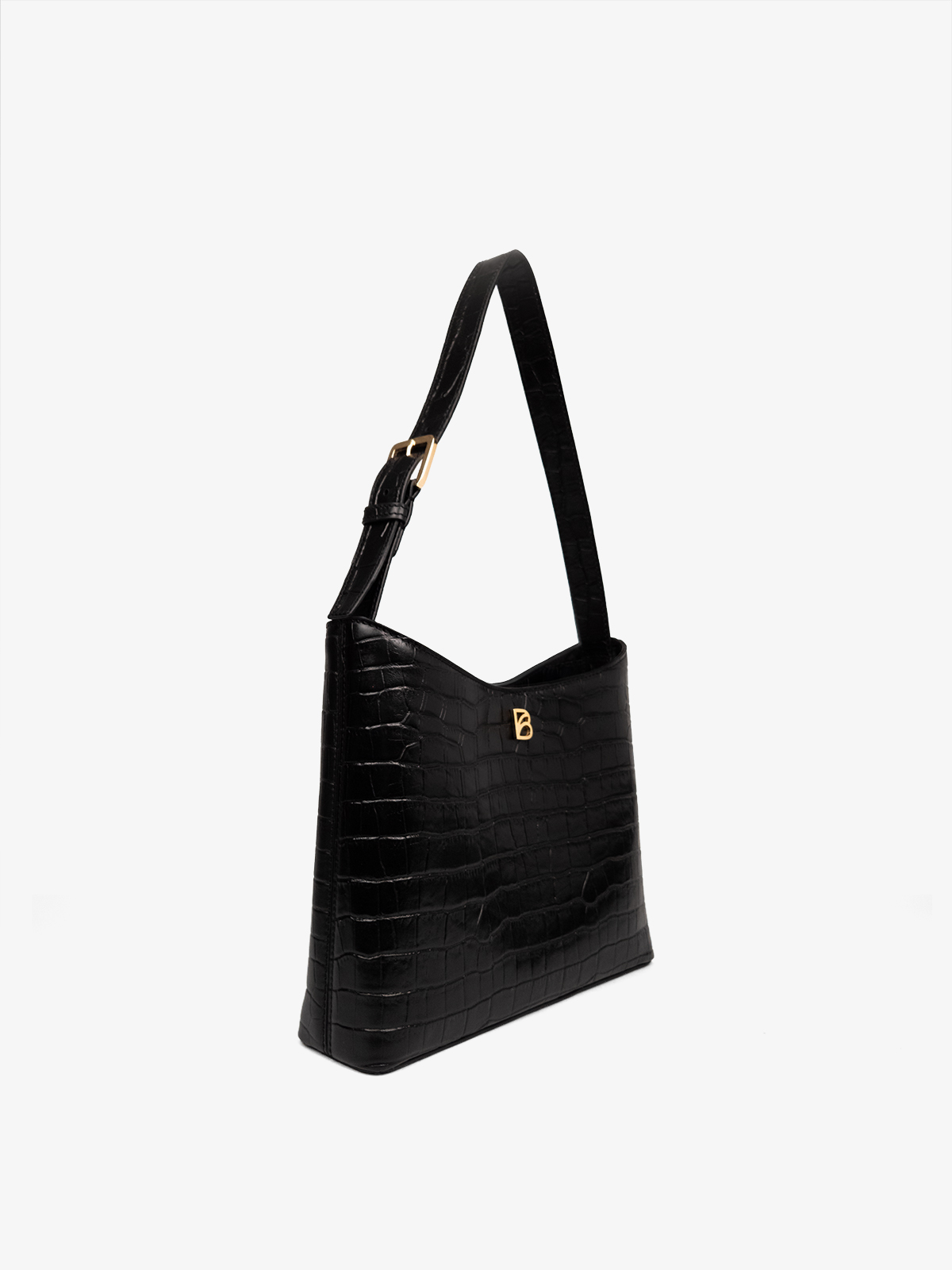 Cartera Bonatina de cuero croco negro de cuero artesanal, modelo Clara, tamaño mediana alta ,vista oblicuo