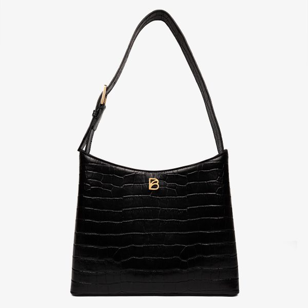 Cartera Bonatina de cuero croco negro de cuero artesanal, modelo Clara, tamaño mediana alta , vista de frente